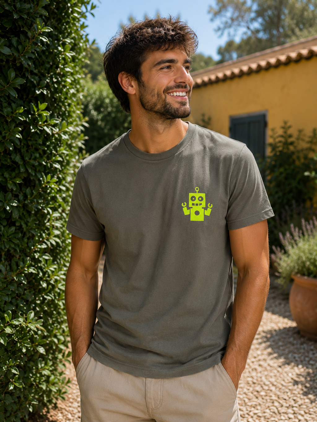 Camiseta kaki - logo amarillo flúor