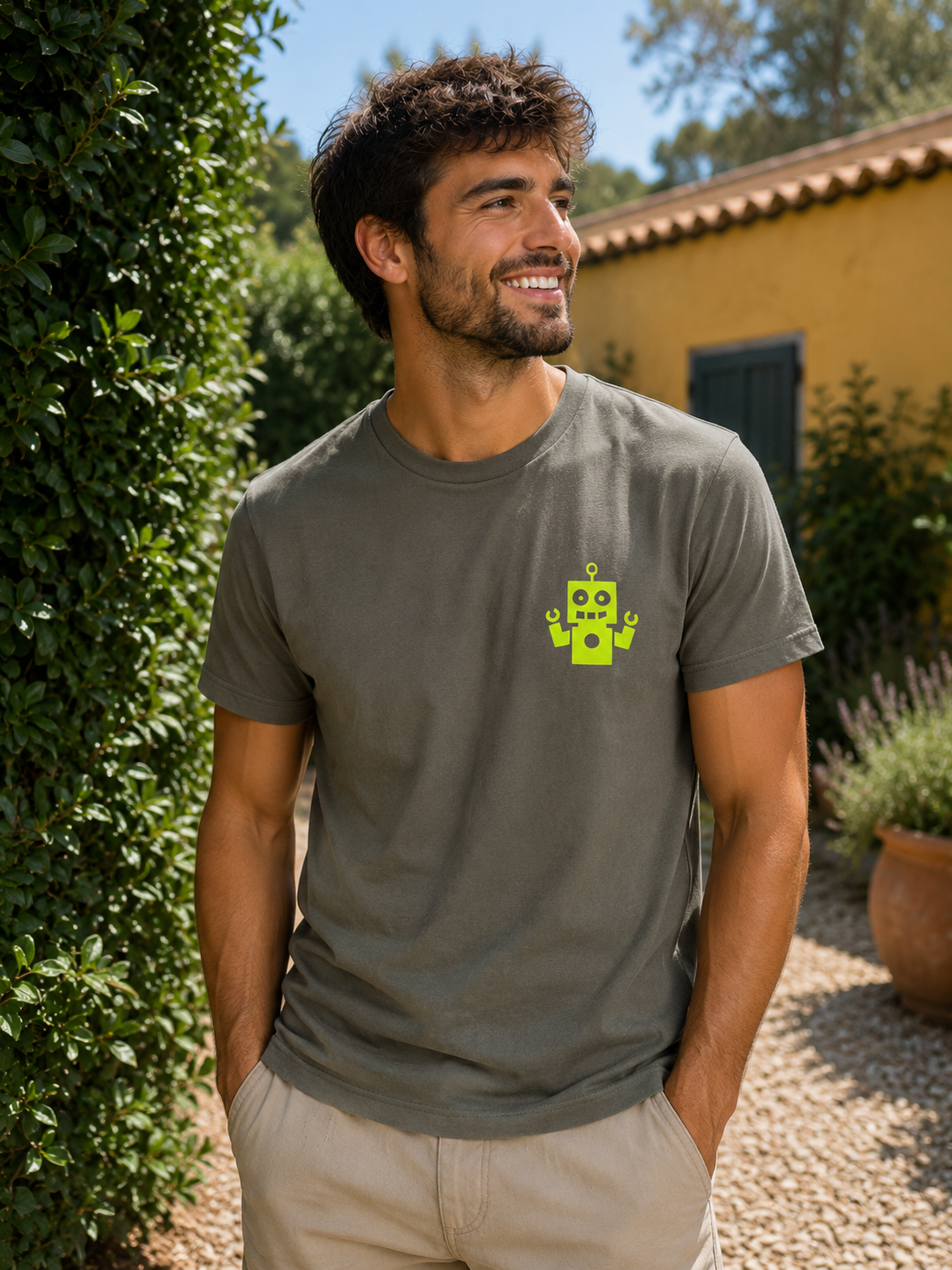 Camiseta kaki - logo amarillo flúor