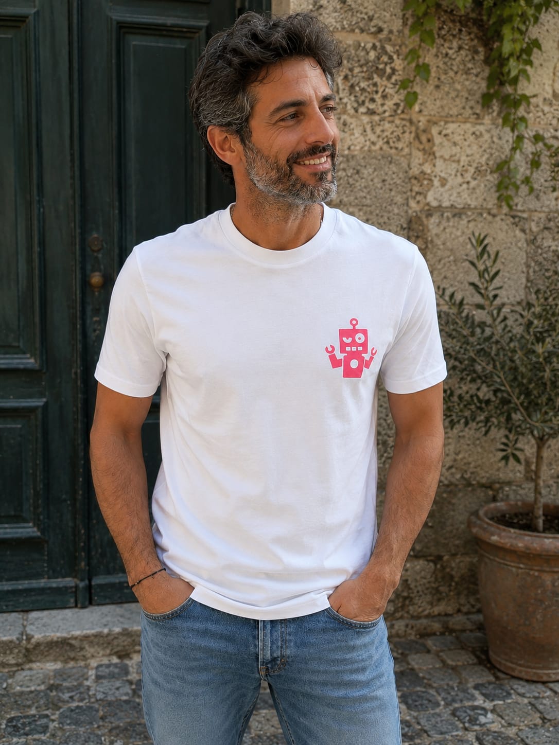Camiseta blanca - logo rosa flúor